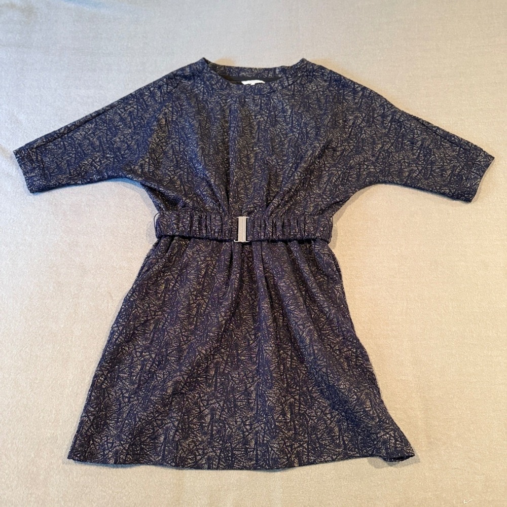 FRNCH Navy Metallic Belted Party Dress – Shimmer Holiday Cocktail Dress - Small - Picture 12 of 16